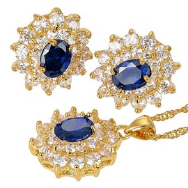 RIZILIA Blossom Jewellery Set Pendant with 45cm(18") Chain & Stud Earrings Oval Cut Gemstones CZ [Blue Sapphire] in 18K Yellow Gold Plated, Simple Modern Elegance