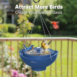 Richbird Solar Bird Bath with Fountain and Battery Backup, 3-in-1 Hanging or Freestanding Birdbath, Low-Water Protection & 3 Nozzles for Garden Patio Decor (Deep Blue)