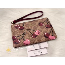 Coach Corner Zip Wristlet In Signature Canvas With Cherry Print CZ450 Tan Multi