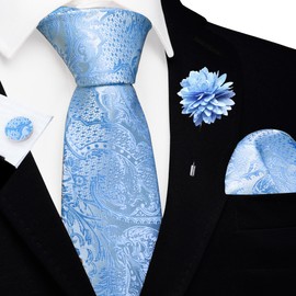 GUSLESON Sky Blue Tie Set for Men Silk Paisley Necktie Pocket Square Cufflinks and Lapel Pin Brooch Set for Wedding (6114-12)