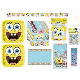 Spongebob SquarePant Birthday Party Supplies Decoration Bundle Pack Includes 16 Lunch Plates, 16 Lunch Napkins, 1 Table Cover, 1 Happy Birthday Banner, 8 Sticker Sheets, 1 Dinosaur Sticker Sheet (Bundle for 16)
