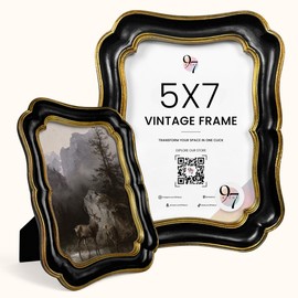 97 Decor Gold Black Vintage 5x7 Picture Frames - Fancy 5x7 Ornate Picture Frames, Decorative Antique Frame 5 X 7, Scalloped Vintage Photo Frame 5 By 7 With Glass Front For Tabletop And Wall Hanging