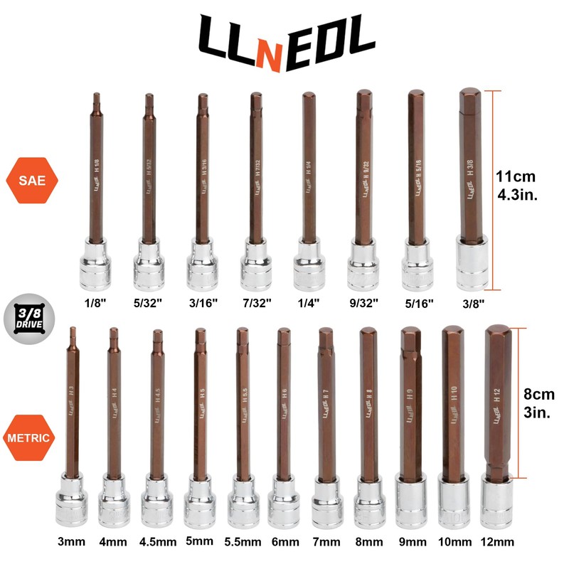 LLNEDL 3/8 Inch Drive Long Allen Hex Bit Socket Set,