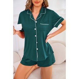 QLVKYW Womens Cotton Pajamas Short Sleeve Sleepwear Button Down Top Shorts Loungewear 2 Piece Pjs Set Green