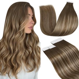 LaaVoo Tape in Hair Extensions Human Hair 50g Tape Hair Extensions Real Human Hair Invisible Tapes Remy Straight Balayage Light Brown to Blonde Hair Double Sided Tabs 20pcs 18 Inch #8/16/8