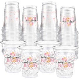 Funnymoom 60 Pcs Pink Bear Plastic Cups 16 oz Disposable Clear Baby Shower Drinking Cups for Bee Theme Party Gender Reveal Supplies Decoration