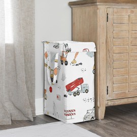 Sweet Jojo Designs Red Blue Construction Truck Boy Laundry Hamper Foldable Dirty Clothes Basket with Handles Baby Nursery Kids Bedroom Teen Bathroom Transportation Zone Vehicle Bulldozer Tractor Mixer