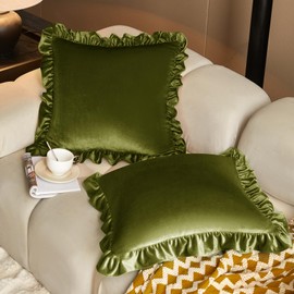 KKJIAF Olive Green Velvet Throw Pillow Covers 18 x 18 Inch Set of 2, Ruffle Euro Pillow Shams Velvet Square Pillow Case for Sofa Bedroom Couch Decorative