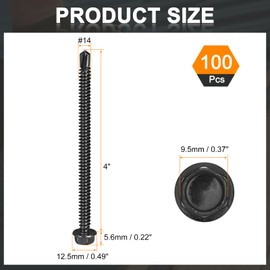uxcell 100Pcs #14 x 4 Self Drilling Screws, 410 Stainless Steel Self Tapping Screws for Metal, Black Oxidation Finish, Hex Washer Head Sheet Metal Screws