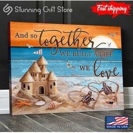 UnBrand Vintage Sea Turtles With Sand Castle &amp Hearts On Sandy Beach And So Togeth... - 12x18 in CANVAS Framed