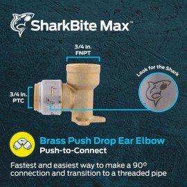 SharkBite Max 3/4 Inch x 3/4 Inch Drop Ear Elbow, FNPT, Push to Connect Brass Plumbing Fitting, PEX Pipe, Copper, CPVC, PE-RT, HDPE, UR340A