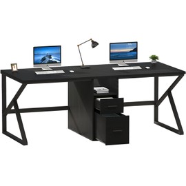 IBF Black Computer Table with File Drawer, 79" Gaming Writing 2 Person Desk with Storage Cabinet Shelf, Modern Large Extra Long Wood Metal Dual Office Desk Industrial Work Study Double Computer Desk