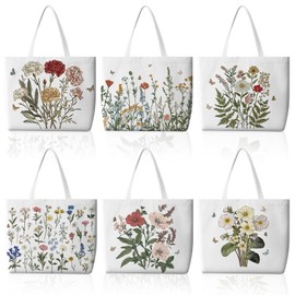 Bencailor 6 Pcs Floral Canvas Tote Bags for Women Spring Reusable Cute Wildflowers Tote Bags Aesthetic Mother's Day Gift(Floral)