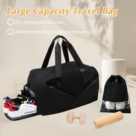 Sports Gym Bag, Portable Large Duffel Totes with 2pcs Shoes Compartments, Lightweight Overnight Weekend Bags for Sport Yoga Travel Swimming (Black)