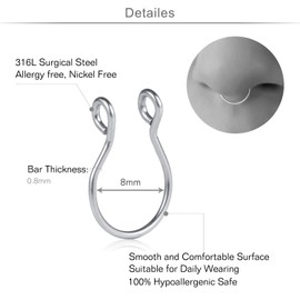 MODRSA Fake Nasenpiercing 20G Nasenring Nippel Ring Piercing Fake Septum Piercing Non-Piercing für Herren Damen Nase Hoop Ring Piercing 8 Stück