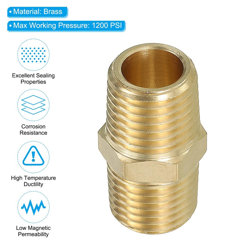 PATIKIL Solid Brass Hex Nipple Pipe Fitting Thread Adapter, 5