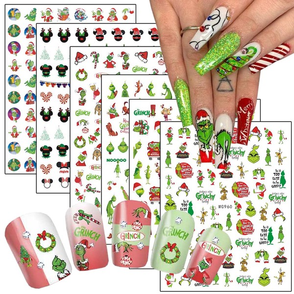Christmas Nail Art Stickers Decals, 3D Winter Nail Self-Adhesive Sticker Design, Funny Cartoon Santa Claus Nail Transfer Decals for Women Girls Manicure Decorations, DIY Christmas Nail Decal