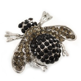 Avalaya Rhodium Plated Diamante Bumble Bee Cocktail Ring - Adjustable Size 8/9 (Grey and Black)