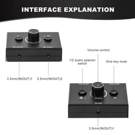 3.5mm Audio Switcher, 2 Input 1 Output / 1 Input 2 Output Audio Splitter Switcher, Audio Switcher Box, One-Key Mute Button, No External Power Required