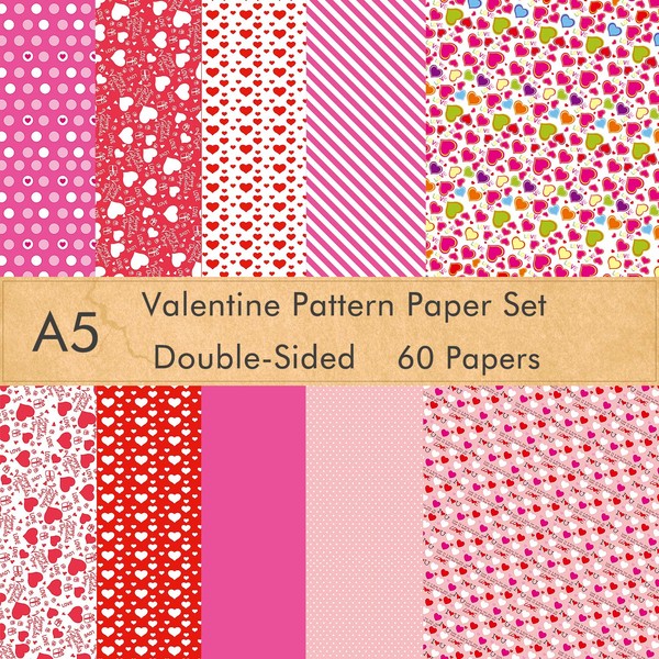 FEPITO 60 Sheets Valentine Pattern Paper Set, 14 x 21cm