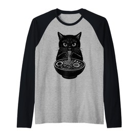 Black Cat Eating Ramen Meme Funny Ramen Cat Raglan Baseball Tee