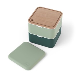 monbento - to Go Lunch Set Green Bicolor - Large Bento Lunch Box Adult MB Square + Wooden Cutting Board MB Cut Square Compatible with The Bento Box - Perfect for Picnics/Work - Green & Wood