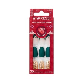 KISS imPRESS Holiday Press On Nails, ‘The Gift’, Green, Medium Coffin, Improved Super Hold Adhesive, 30 Fake Nails, Prep Pad, Mini Nail File, & Manicure Stick