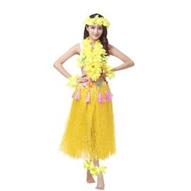 Yesier Hula Grass Skirts for Adults Hula Skirts for Women with Flower Leis Hawaiian Costumes for Luau Party, 1 Set 80 CM (Yellow)