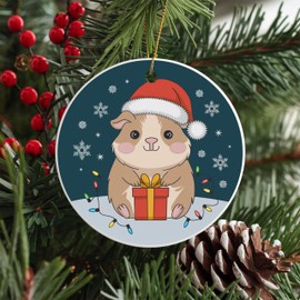 3" Round Ceramic Christmas Ornament, Cute Guinea Pig Round Ceramic Ornament, Santa Hat, Snowflakes, Christmas Lights, and Gift Box Design