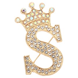 PATIKIL Letter Brooch Pins, Crown Initial Rhinestone Alphabet S Letter Lapel Badges Pin for Women Suits Dress Coat Clothes Craft, Gold Tone