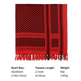 [FOCUHUNTER] Tactical Desert Scarf Arab Scarf Shemagh Scarf Keffiyeh Scarf Headneck Scarf Cotton 43x43 Inch Head Wrap Arab Scarf with Tassel (Red), red
