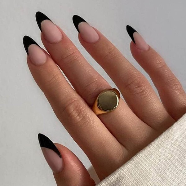 Xcreando Matte Almond French Tips Nude Press on Nails Black Pre Tips Pattern Glue on Nails Full Cover Acrylic Nails Fake Nails Artificial Nails DIY Manicure for Women Girls 24 PCS False Nails