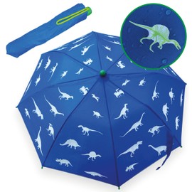 HECKBO Magischer Dinosaurier-Regenschirm für Kinder - Farbwechsel bei Regen, Kompakt & Faltbar für Schultaschen, Sicher mit 360° Reflektoren, Ergonomischer Holzgriff mit Schutzkappen & Hülle