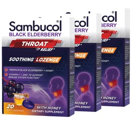 Sambucol Black Elderberry Throat Lozenge - With Honey, Vitamin C & Zinc, Elderberry Lozenges Sore Throat & Cough, Soothes Scratchy Throat, Supports Immunity, Soft & Chewy - 3-Pack (60 Total Pastilles)