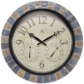 Infinity Instruments Inca II 18 inch Outdoor Clock Thermometer Combo Patio Waterproof Large Wall Weather Station Weatherproof Designer Faux Stone Mosaic Decorative Outdoor Wall Clock