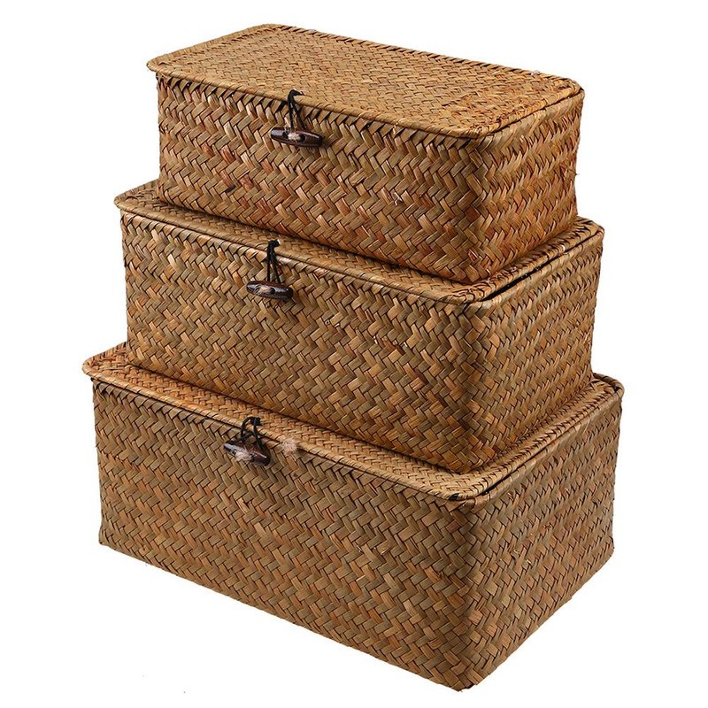 Seagrass Storage Basket Woven Storage Box with Lids Makeup Organizer