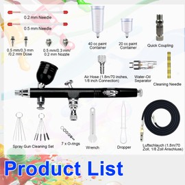 Kocusu Airbrush Set Dual-Action,Multifunktionale Airbrushpistole mit 0.2mm,0.3mm,0.5mm Düsen,2 Farbbehältern und Reinigungsset,Air Brush Pistole Set für Modellbau,Malerei,Nagelkunst,Kuchen,Keramik