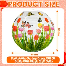 Paper Lampshade Hanging Light Shade 30cm, Oriental Ribbed Japanese Ceiling Fixture with Cherry Blossom & Floral Patterns, Perfect for Home Lighting, Wedding,Party & Boho Decor (Tulips and Butterflies)