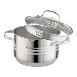 Daniks Tokio Stainless Steel Stock Pot 3 Quart, with Glass Strainer Lid, Induction Ready, Dishwasher Safe, Measuring Scale, Silver