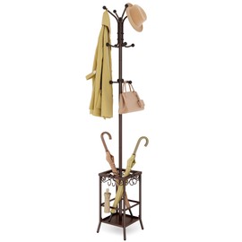 Hoctieon Coat Rack Freestanding, Coat Tree with Umbrella Holder, Metal Coat Rack Stand with 12 Hooks, Standing Coat Hanger Stand, Umbrella Stand for Entryway, Hat Rack Stand for Home Office, Brown
