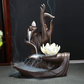 LYUK Lotus Backflow Incense Burner Backflow Incense Holder Ceramic Home Decoration with 10 Pieces Incense Cones Style 1