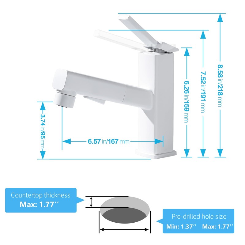 HANLIAN Single Hole Bathroom Pull Out Faucet with Rotating Spout,