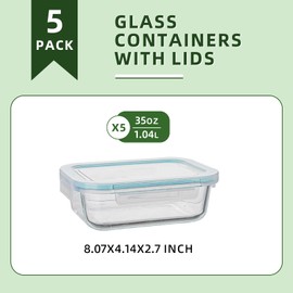 ECO-TOGO 5-Pack 36OZ Airtight Glass Food Storage Containers with Lids (5 lids & 5 Containers), Glass Lunch Box, Leak-proof, BPA-Free, Microwave, Oven, Freezer, Dishwasher