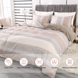 Qucover Single Duvet Cover, Soft Microfiber Striped Single Duvet Cover Set Lightweight and Breathable 2 Pieces Bedding Set with 1 Pillowcase, Zipper and Corner Ties (135x200cm+50x75*1, Beige Cream)