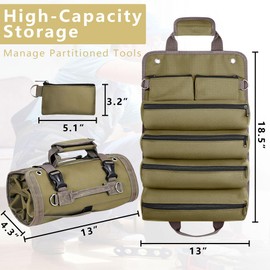 Roll Up Tool Bag Organizer, Tool Bags for Men, Tool Roll Bag with 2 Detachable Zipper Pouches, Heavy Duty Tool Bag for Dad Birthday, Father’s Day Gifts, Handyman or RV Owners (Khaki)