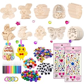 Funmo 310 Pieces Easter Crafts Wood, Wooden Pendants Easter for Painting, Easter Decoration Crafts Children, DIY Easter Eggs Rabbit Chicken Flower Pendant Set with Watercolour Pen, String, Brush