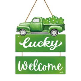 St Patricks Day Wreath St Patricks Day Door Decorations Green Truck Hanging Decor Wooden Front Door Hanger Lucky Welcome sign for Wall Indoor Home Decor