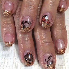 Gold Glitter Fake Nail Fall Press on Nails Thanksgiving Day Cute Turkey False Nails Short Glue on Nails Autumn Square with Glitter French Design Acrylic Nail 24Pcs Nails Press ons