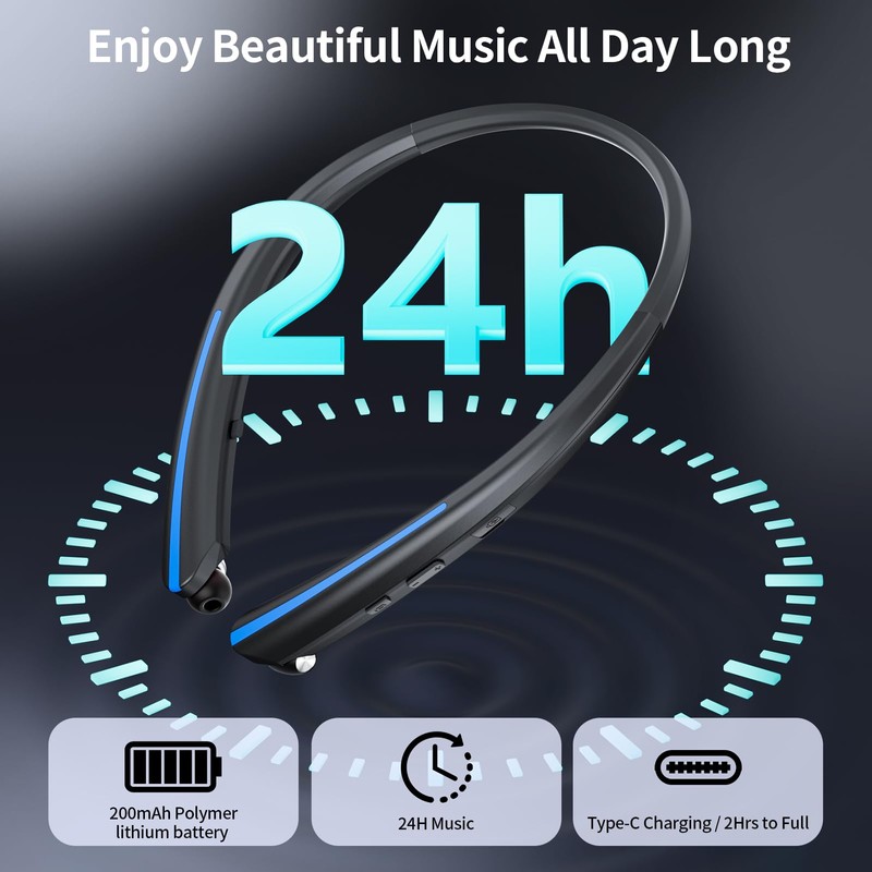 ZIQOPGD Neckband Retractable Bluetooth Headphones, Wireless Headset with 22H Playtime,