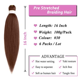 Samtress 16 Inch Pre Stretched Braiding Hair 6 Packs Dark Brown Easy Braid Soft Yaki Texture Kanekalon Synthetic Fiber Hot Water Setting Crochet Braids Hair Extensions for Women (#30)